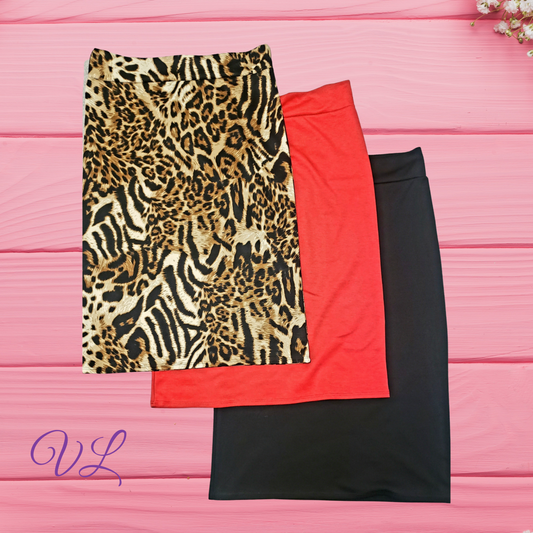 The Abby is a high waisted pencil skirt that is a must have for every wardrobe.  This fitted midi skirt has an elastic waistband with lots of stretch.  The material is breathable and length hits right below the knees.  Made in the U.S.A. of 89% polyester 9% rayon, and 2% spandex.  The Abby skirts runs true to size and looks great on all body types you can't go wrong.   Available in three colors black, red, and leopard brown print.