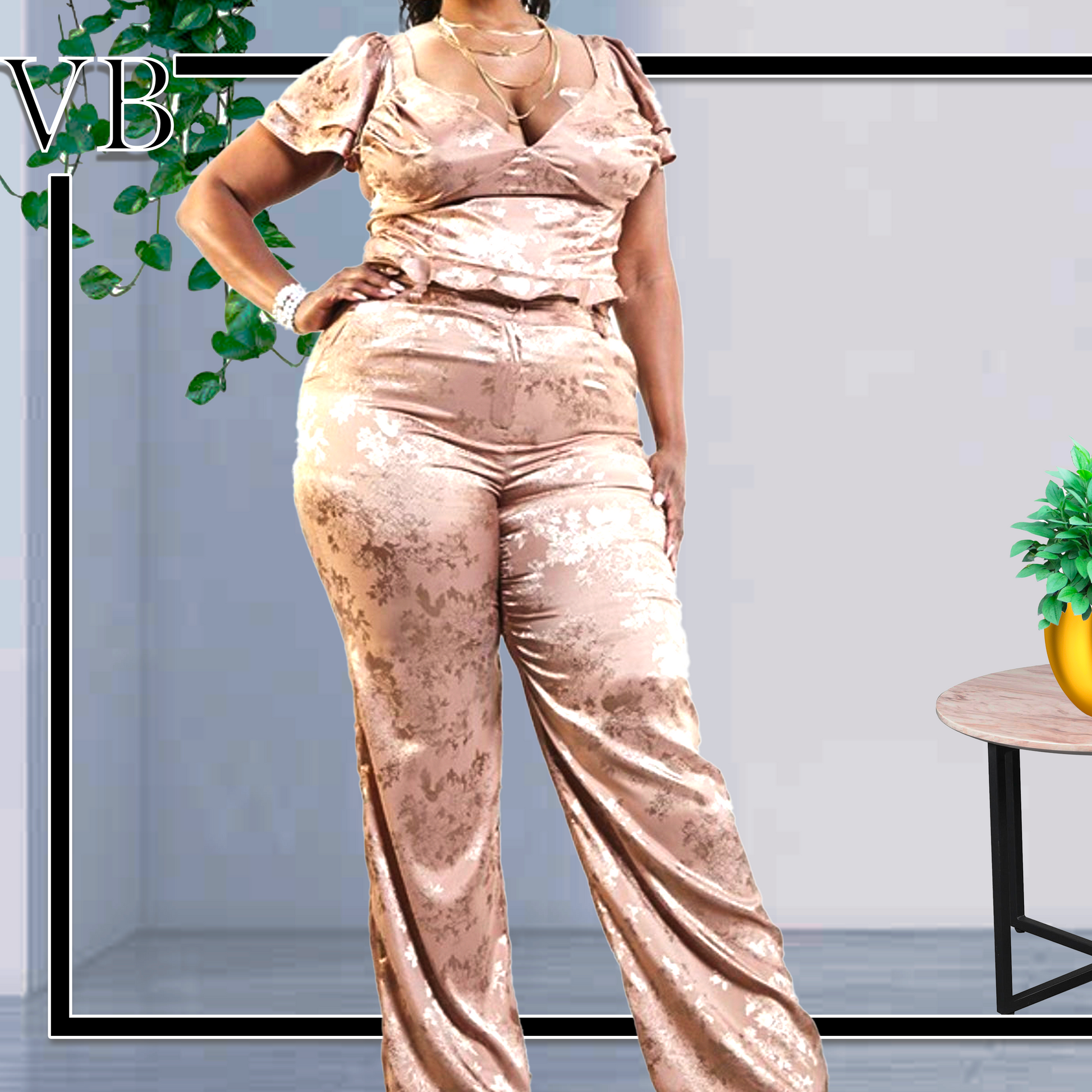 The Addilyn Pant Set is the outfit that put it all together easy for you.  Don't have to worry about what top to wear unless you want to put your own spin on this.  This 2 piece set is all you need made of 97% polyester and 3% spandex it has very little to no stretch. The Addilyn comes in a deep champagne color with a small ruffle shoulder and tie in the back.  stay nice and cool and comfortable with this set.