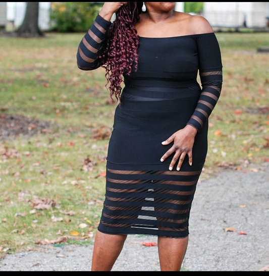The black off-shoulder Arie panel dress.  Turn heads with the alternating strips of black sheer panels going down this dress.  The middle, bottom, and arms of the dress has the sheer panels.   Made in the U.S.A. of 96% polyester and 4% spandex.  The Arie has just enough stretch you need to lay over your curves.   Don't be afraid to cover the mid section of the dress with under garments it necessary.  The Arie will give you the look to take over an event.