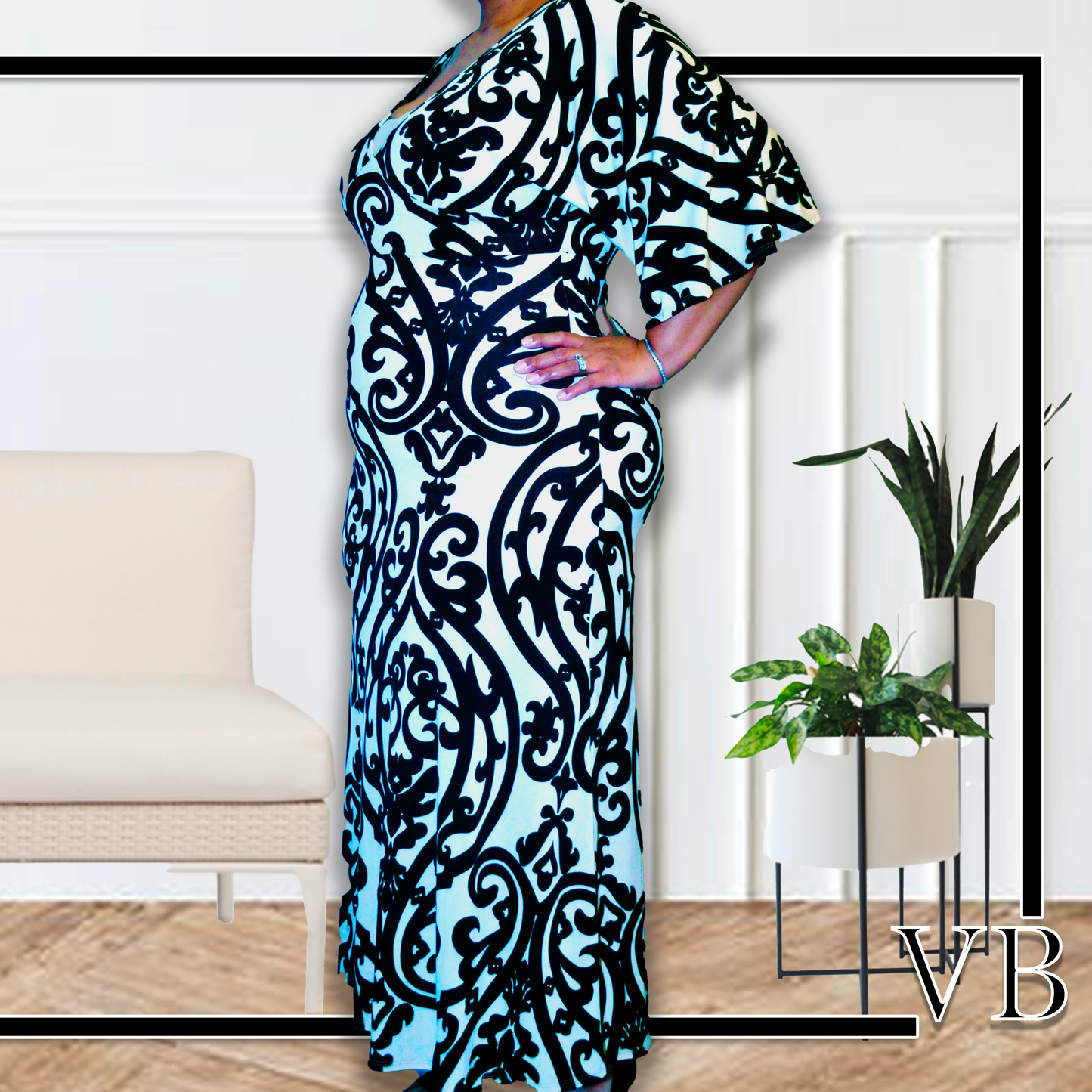The Avery is our black and tan maxi dress with a deep v-neckline.  It has a stretchy waist with flowy 3/4 bell sleeves.  Made in the U.S.A. of knit materials that are 96% polyester and 4% spandex.  Thye Avery feels good on the skin and will lay great over your curves.  You can take on a long day in style or dress it up.  Either way this dress will fit your needs.  The dress runs slightly large but will not disappoint.  The Avery maxi dress looks great on all body types.