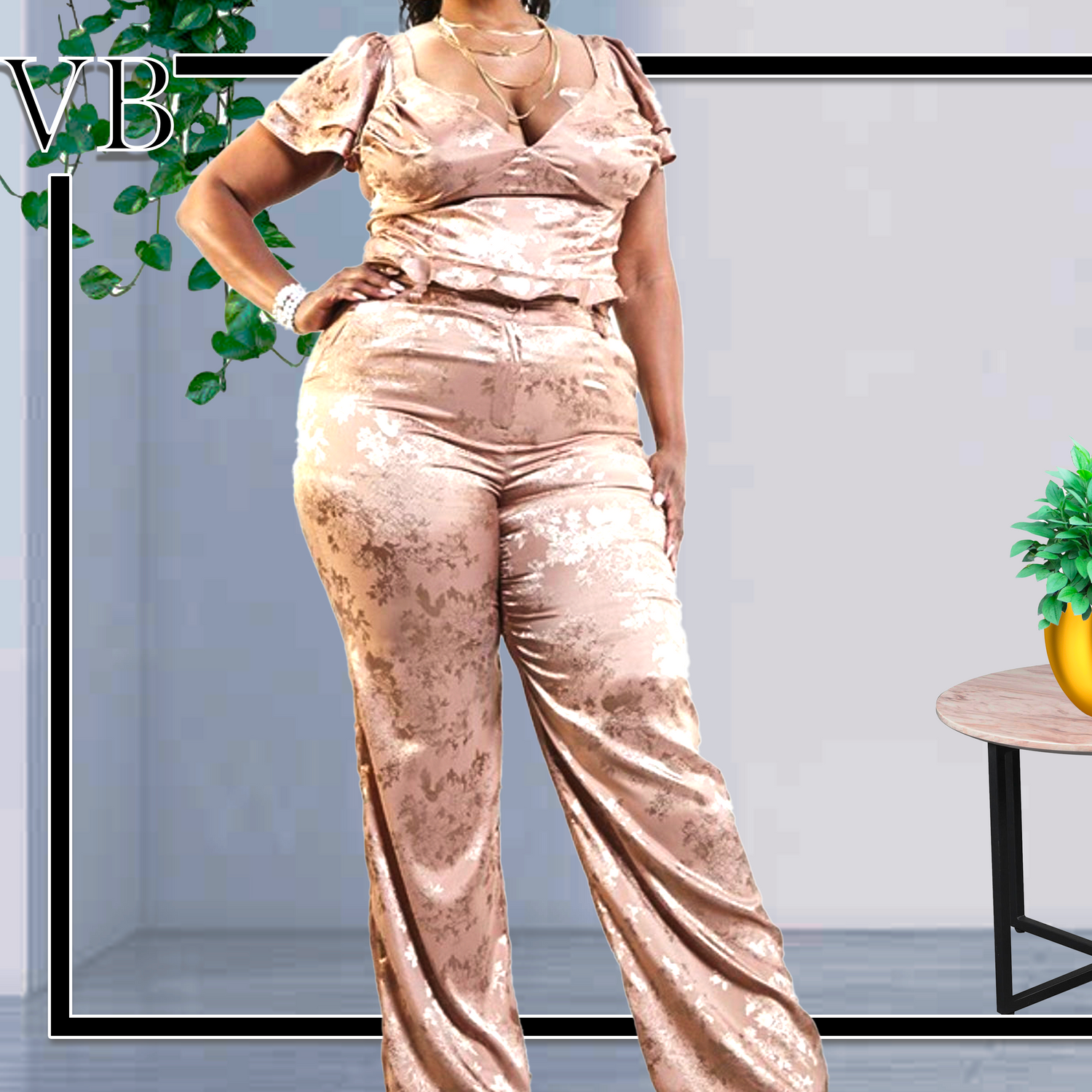 The Addilyn Pant Set is the outfit that put it all together easy for you.  Don't have to worry about what top to wear unless you want to put your own spin on this.  This 2 piece set is all you need made of 97% polyester and 3% spandex it has very little to no stretch. The Addilyn comes in a deep champagne color with a small ruffle shoulder and tie in the back.  stay nice and cool and comfortable with this set.