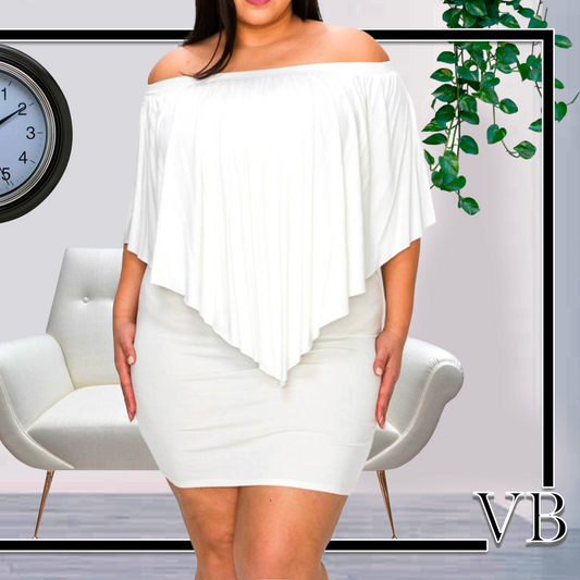 The Ainsley Dress is a white off the shoulders mini dress.  With an flouncy layer forming the sleeves and giving diminution going down to a point in the front and the back.  Made in the U.S.A. of  96% polyester and 4% spandex the dress is light and have little stretch. The Ainsley will lay nicely on you hips and have you ready for the day.